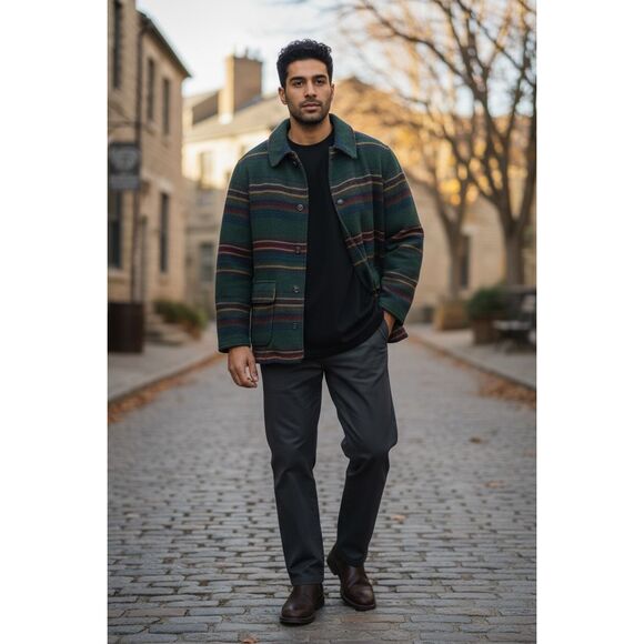 Woolrich Mens L Striped Wool Blend Jacket Green Multi Color Snap Front Coat USA - Picture 1 of 9